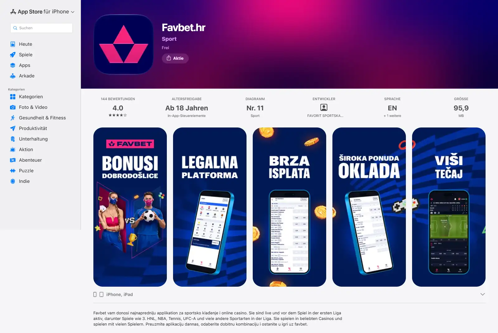 Kartenseite der FAVBET-Anwendung mit Namen und Anwendungssymbol im mobilen Store
