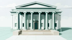 Heller Säulenbau mit breitem Treppenaufgang vor einer klaren Fassade