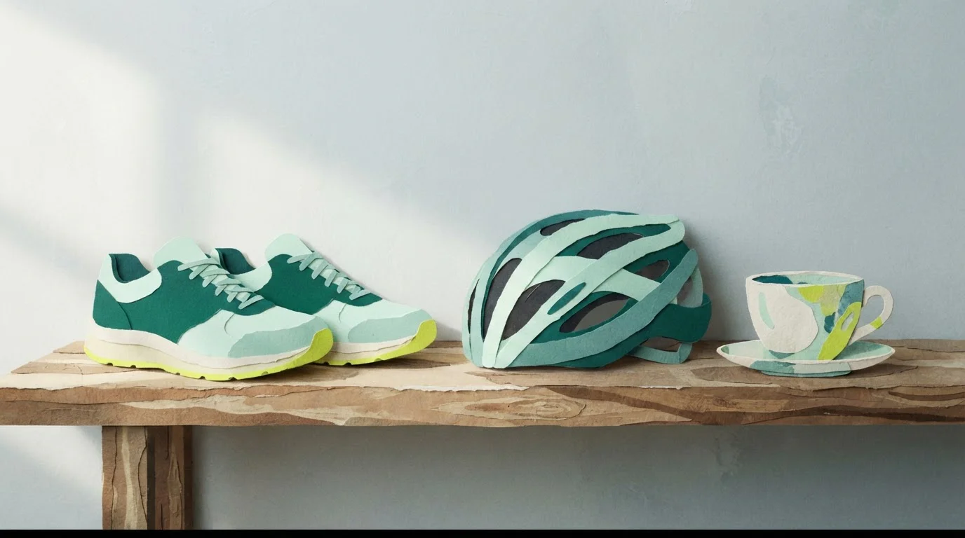 Turnschuhe, Fahrradhelm und eine Tasse stehen geordnet auf einem offenen Regal
