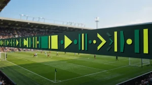 Zeitlinie aus farbigen Markierungen oberhalb eines Fußballspielfelds